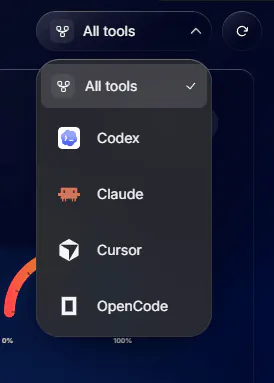 The tool filter menu listing All tools, Codex, Claude, Cursor, and OpenCode.